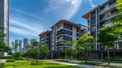 New modern block of flats in green area residential apartment with flat buildings exterior luxury house complex Part of City Real estate property condo architecture apartment insurance : Generative AI