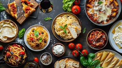 Pasta various dishes overhead flat lay shot Italian food and wine : Generative AI