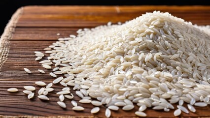 a pile of rice on a wooden cutting board