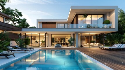 Modern villa with pool and deck with interior and exterior views : Generative AI