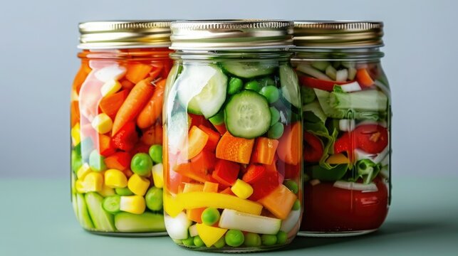 Colorful jars of pickled vegetables packed with freshness and variety to add flavor and nutrition to your meals.
