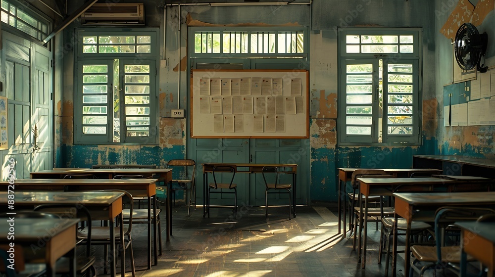 Aufkleber lecture room or school empty classroom with desks and chair iron wood for studying lessons in high s