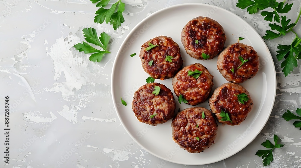 Poster delicious minced pork and beef cutlets on plate over light background comfort food top view flat lay
