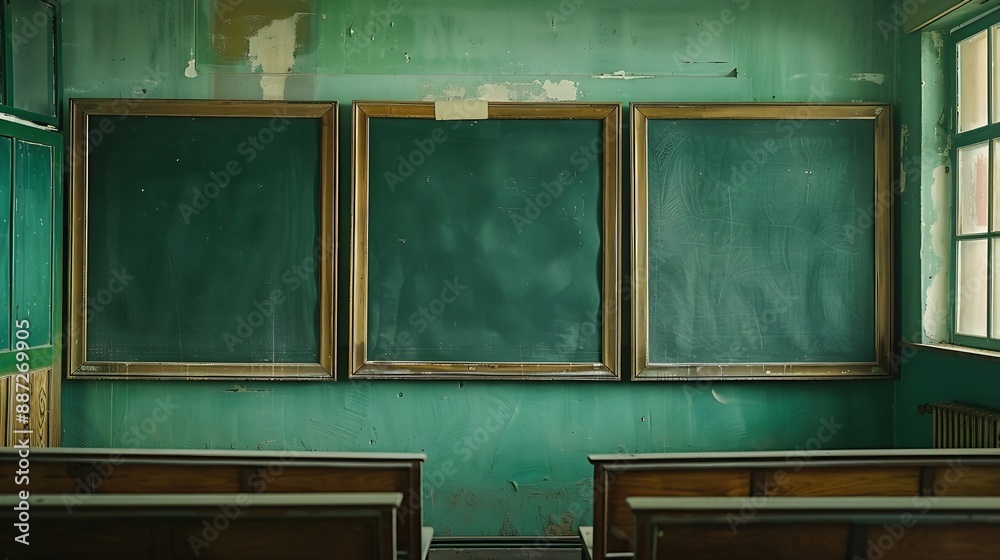 Poster Three section green felt tack board on wall of old empty classroom in deserted abandoned school : Generative AI