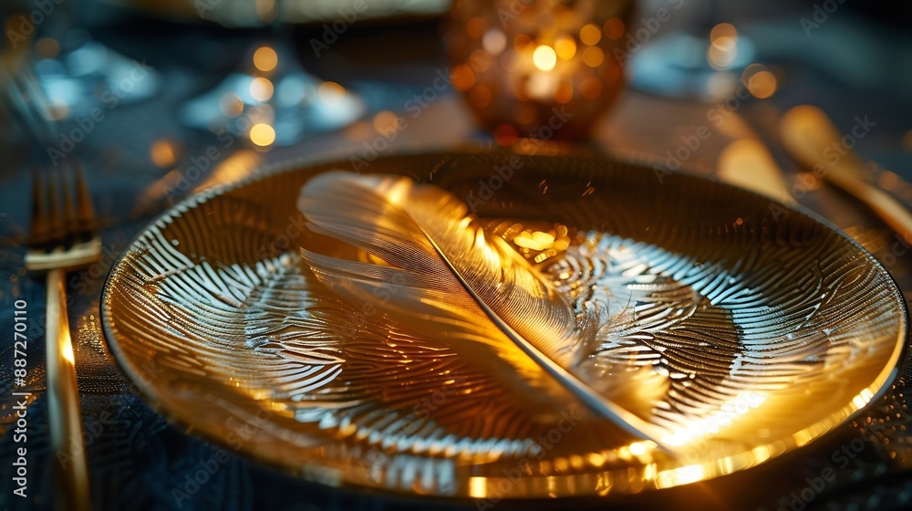 Poster a golden feather plate on the table a feather plate with a sharp shadow detail of kitchen utensils i