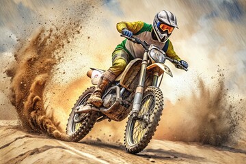 Dirt bike wheelie on dusty motocross track with rugged terrain, muddy tires, and suspension in action, capturing high-speed movement and dynamic energy.