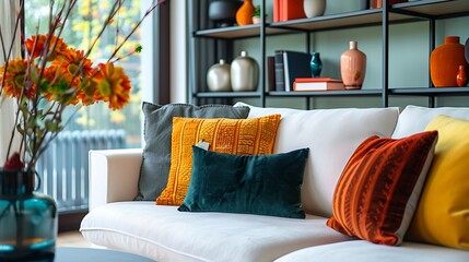 Stylish interior of colorful living room with design white sofa black shelf with vases book and personal accessories Modern home decor Template : Generative AI