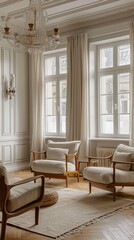 Fototapeta premium Stylish living room interior with armchairs and couch with decor near window 