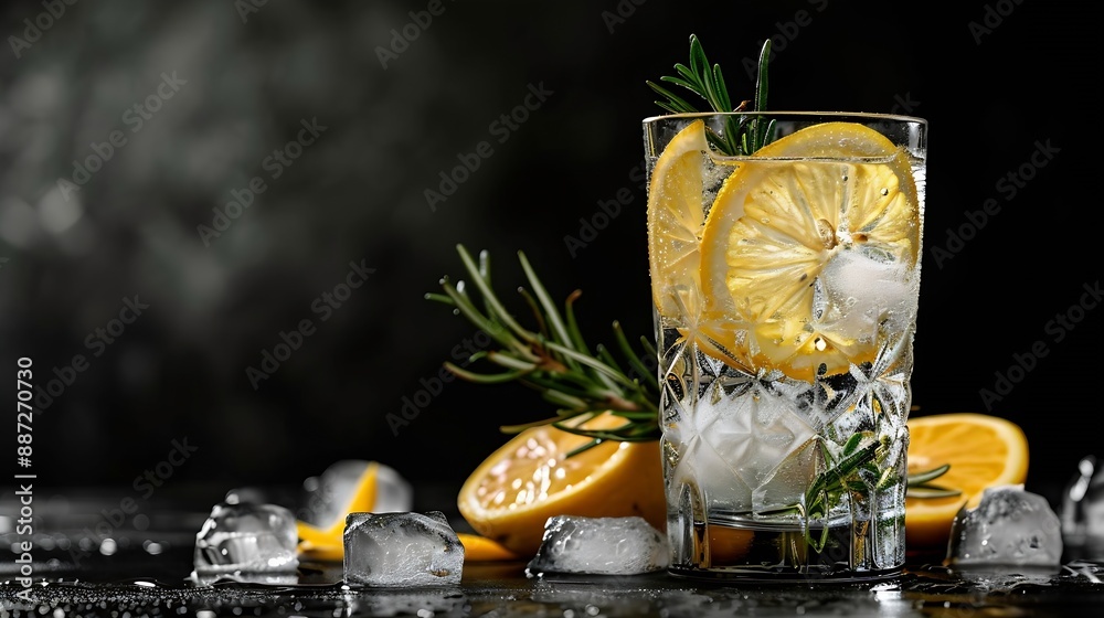 Poster gintonic cocktail with ice lemon slices and rosemary refreshing drink on a dark background copy spac