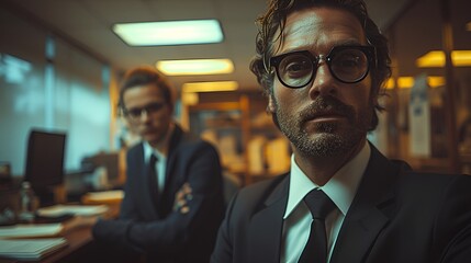 Fototapeta premium Eccentric and quirky office workers on.a video call - low angle shot- vintage office - business suits - teamwork 