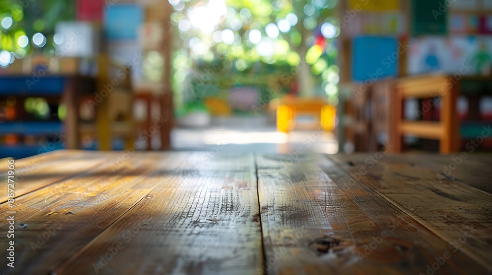 Poster look out from the table blur image of empty classroom as background : generative ai
