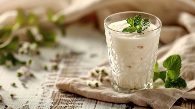 A glass of Turkish traditional drink ayran kefir or buttermilk made from yogurt garnished with mint leaves is placed on a beige napkin on a white wooden table : Generative AI