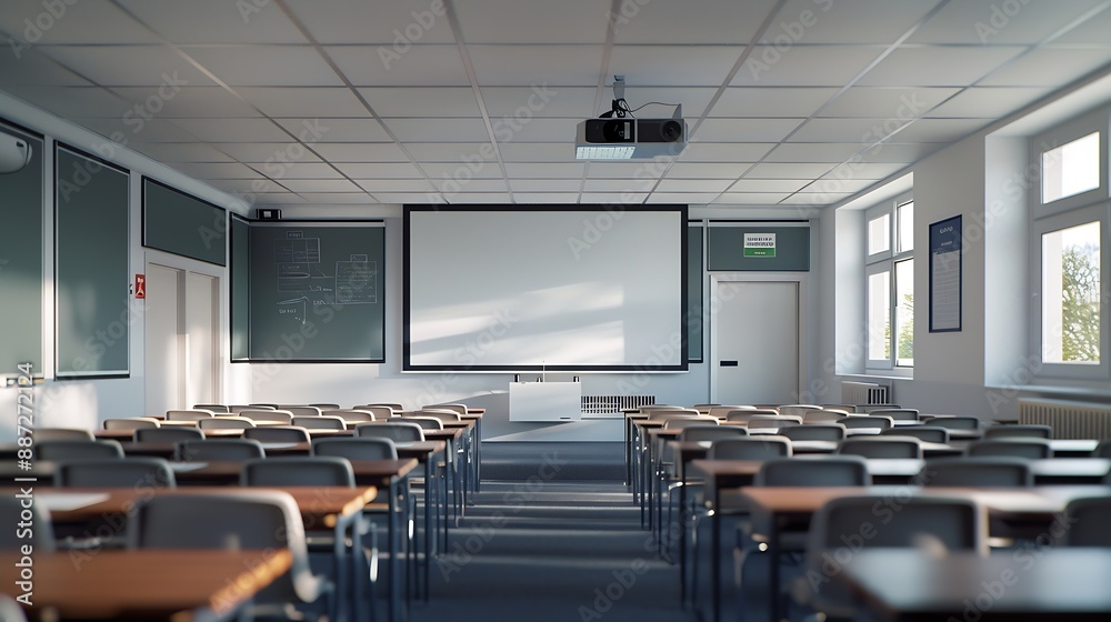 Poster An empty classroom interior with rows of desks and a projector suspended from the ceiling : Generative AI