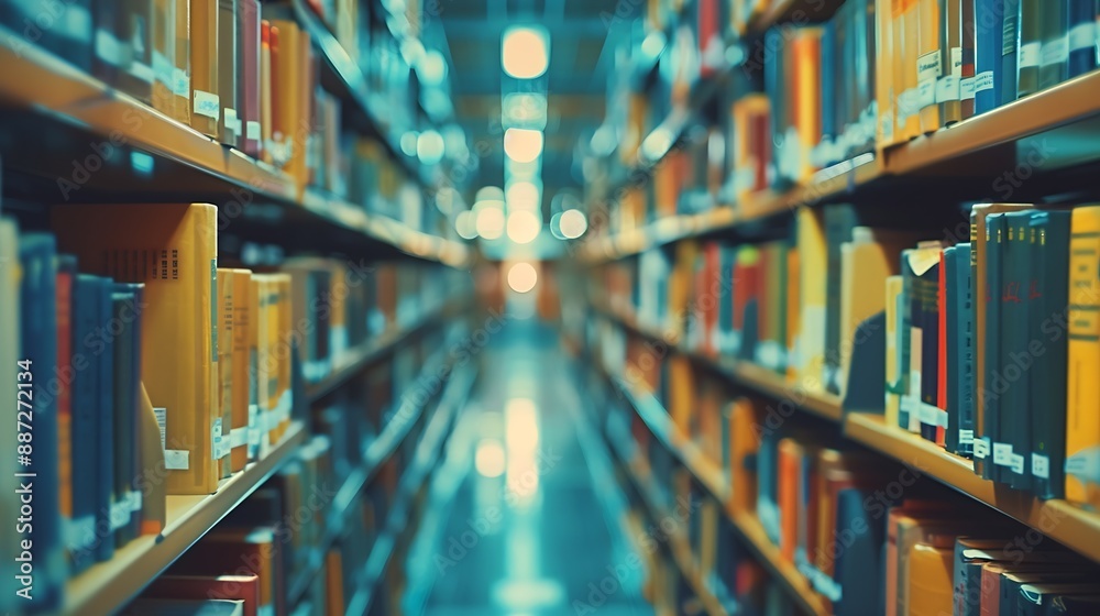 Poster Abstract blurred public library interior space blurry room with bookshelves by defocused effect use for background or backdrop in business or education concepts : Generative AI