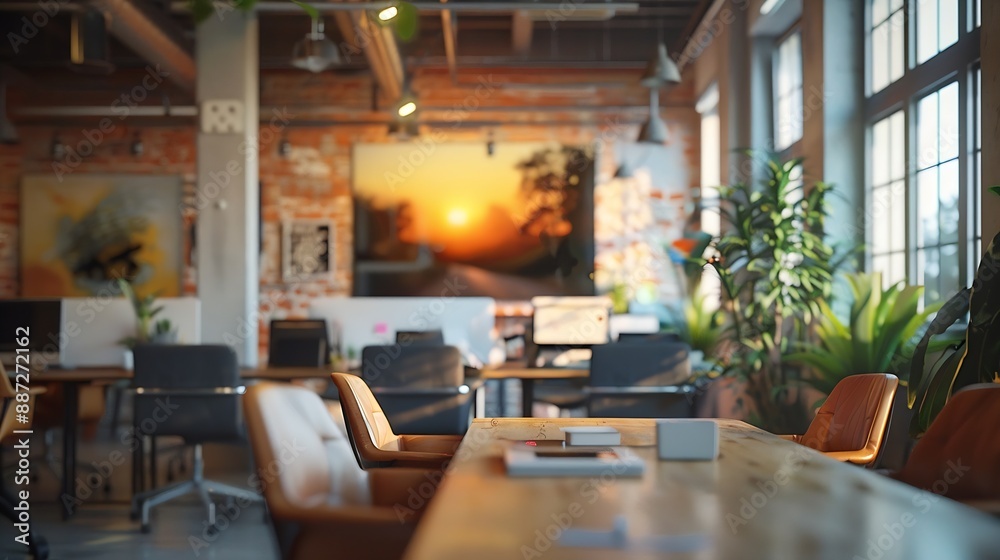 Poster empty conference room for team meetings in modern creative agency with art on walls and desks with c