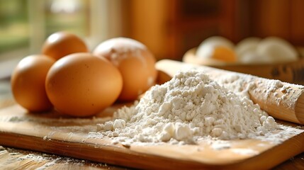 Fototapeta premium A close up of a pile of flour along with eggs and a rolling pin on a wooden cutting board : Generative AI