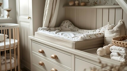 Chest of drawers with changing tray and pad near comfortable cradle in baby room Interior design : Generative AI