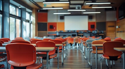 Fototapeta premium Empty classroom with table and chairs for lecture or seminar in university : Generative AI