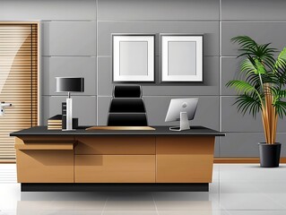 Modern Office Interior Illustration with Wooden Desk, Gray Walls, and Palm Plant