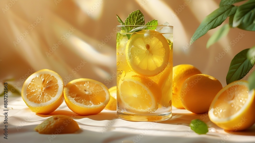 Poster Iced drink with lemon mint in a glass on a on a light background with shadow and citrus fruits The concept of a cold tea or lemonade on a hot summer day Front view : Generative AI
