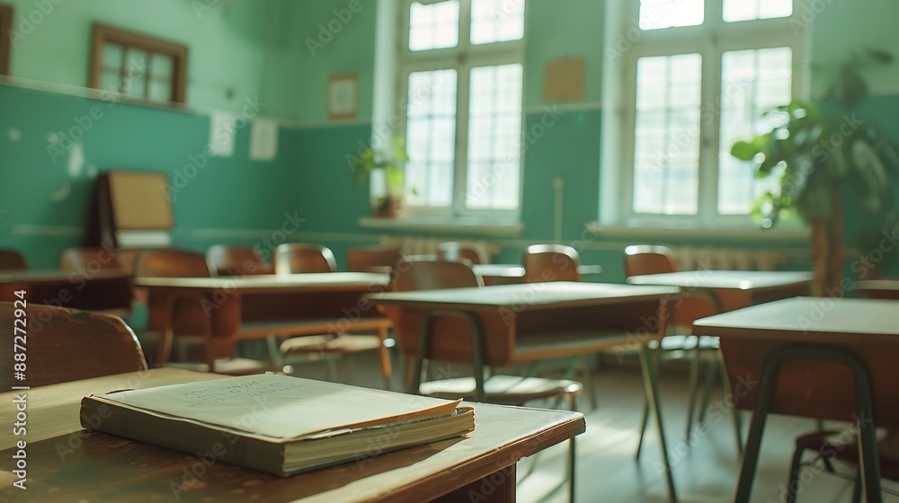 Poster Interior of empty classroom with copybook on desk : Generative AI