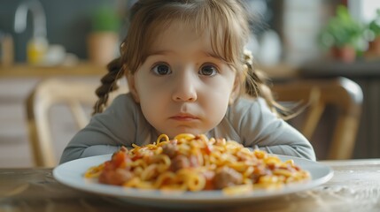 Adorable toddler girl eat pasta spaghetti with tomato bolognese with minced meat Happy preschool child eating fresh cooked healthy meal with noodles and vegetables at home indoors : Generative AI