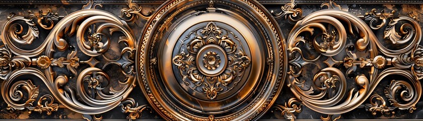 Obraz premium Intricate metalwork design with ornate details and a circular centerpiece, showcasing craftsmanship and elegance.