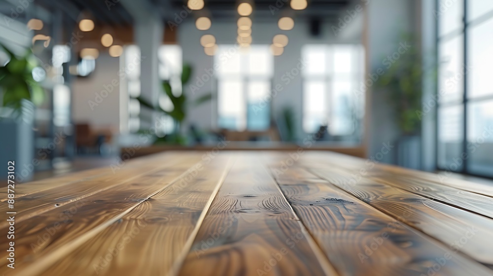 Poster on the blurred background of the empty office room a wooden board rested atop the table : generative