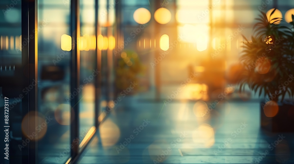 Poster Blurred empty open space office Abstract light bokeh at office interior background for design : Generative AI