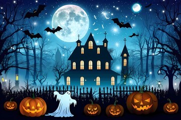 Fototapeta premium Haunted mansion under moonlit sky with bats and glowing pumpkins on spooky Halloween night