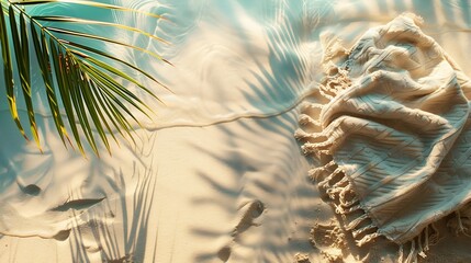 Summer pastel background top view beach towel on sand shadow of palm leaf sunlight Summer beach day concept relaxation rest time Minimal design lifestyle background with empty space : Generative AI
