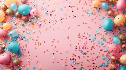 a close up of a pink background with lots of confetti and balloons