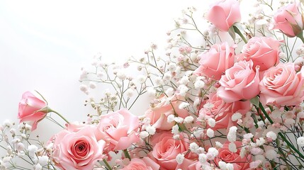 Pink rose eustoma and gypsophila flowers in a corner floral arrangement isolated on white : Generative AI