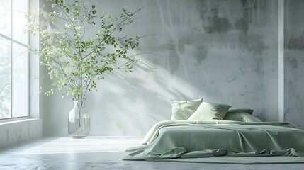 Modern minimalistic bedroom interior design in grey shades with light green bed eucalyptus in glass vase concrete ceiling Scandinavian style  Aesthetic simple interior design concept : Generative AI