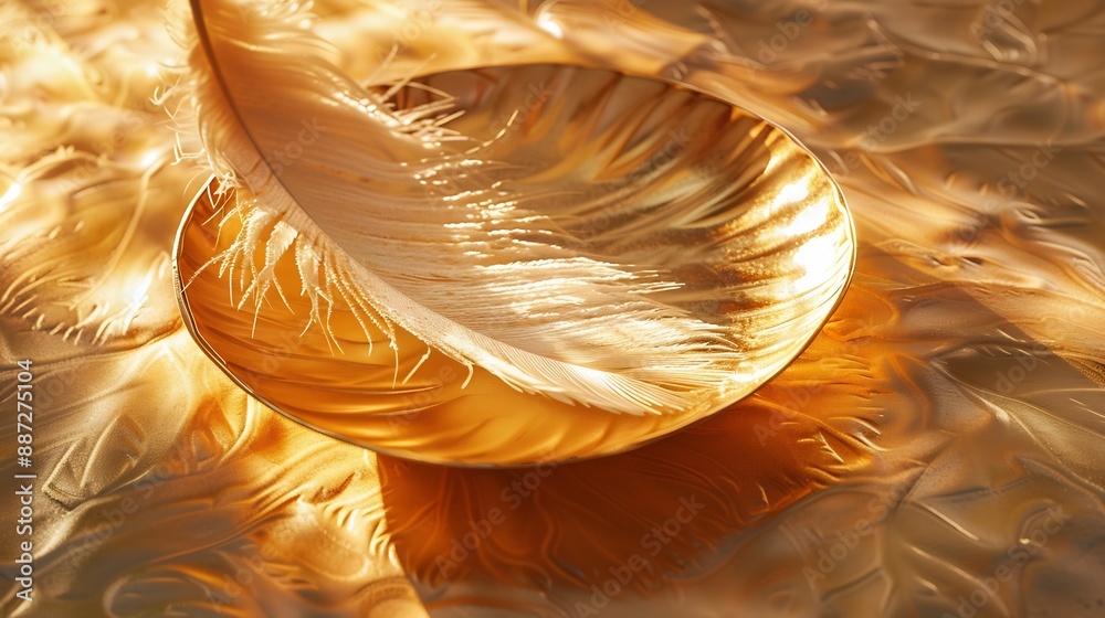 Poster a golden feather plate on the table a feather plate with a sharp shadow detail of kitchen utensils i
