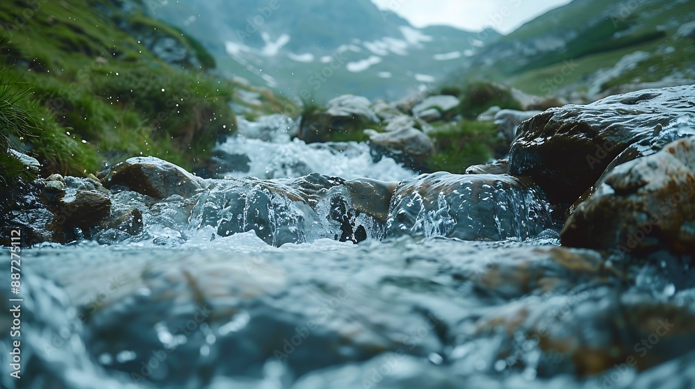 Poster beautiful mountain water flow passing through river stream : generative ai