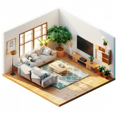 Contemporary style living room, cutaway isometric low poly art, 3d with blender, no white background. Suitable for interior design.[A-0003]