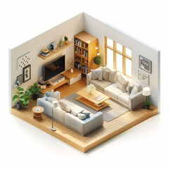 Contemporary style living room, cutaway isometric low poly art, 3d with blender, no white background. Suitable for interior design.[A-0004]