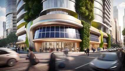 Modern office building. "Modern sustainable commercial building exterior with solar panels and green walls in a bustling city center"