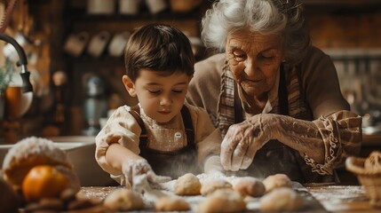 Happy family grandma teaching kids baking and learning baker skill in kitchen with help and support Old woman girl and boy with flour development for growth and bake with ingredients a : Generative AI