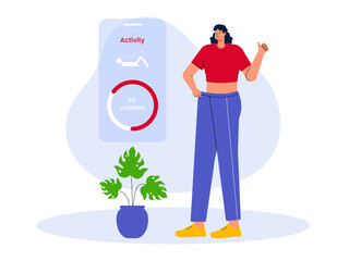 Girl with fitness tracker. Weight loss vector illustration.
