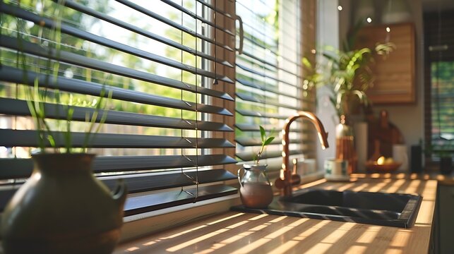 Wooden blinds black color closeup on the window Bamboo slats 50mm wide Venetian wood blinds in the kitchen Black tapes Sink with copper faucet near the window Round vase is on the wind : Generative AI