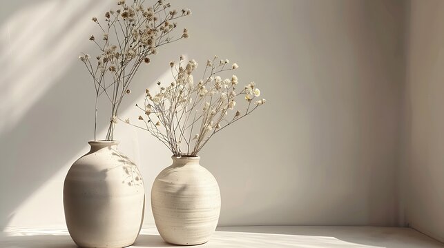 Modern beige ceramic vases  with dry deisy flowers and sunlight shadow on white table near gray wallCopy space Minimal Scandinavian interior accessories : Generative AI