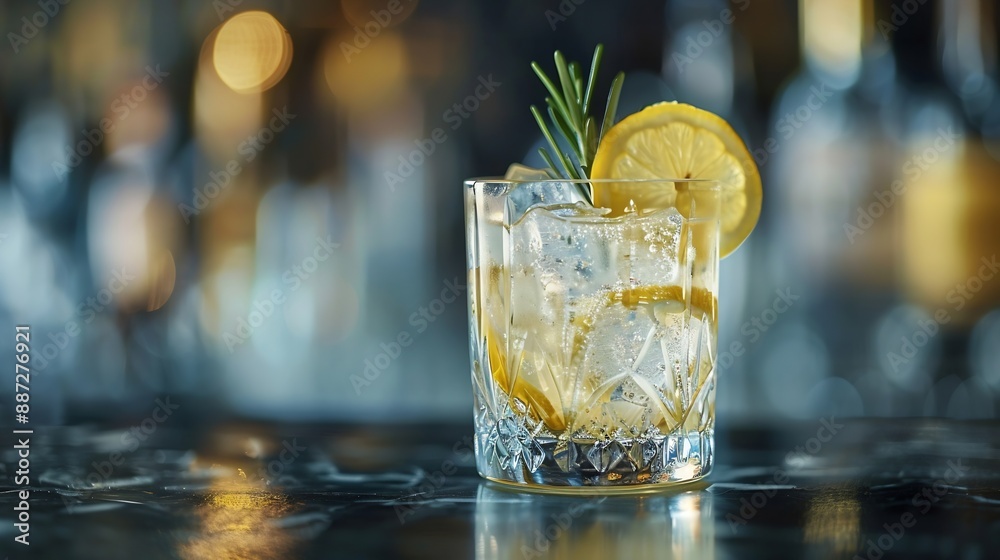 Poster gintonic cocktail with ice lemon slices and rosemary refreshing drink on a dark background copy spac