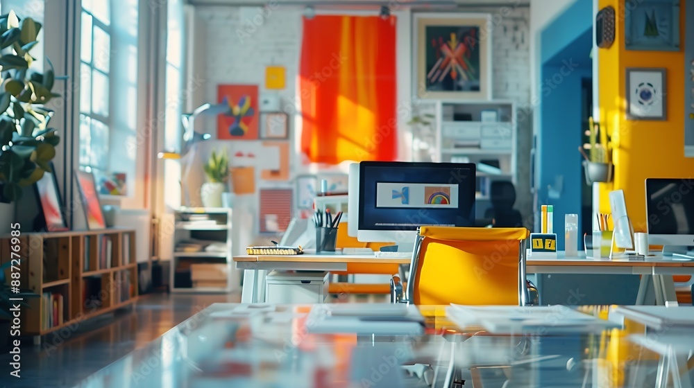 Poster empty conference room for team meetings in modern creative agency with art on walls and desks with c
