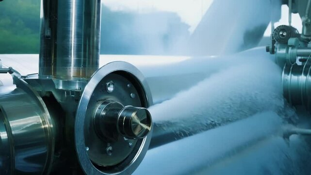 Extreme closeup of the various pipes and valves that control the flow of water to the turbines.
