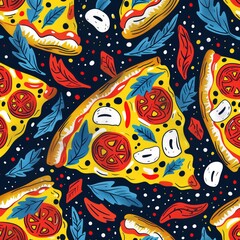 Naklejka premium Pizza Pattern Design, Restaurant Menu Artwork, Food Illustration Art Wallpaper Concept, Pizzeria Fabric Textile, Culinary Abstract Background, Cheesy Colorful Cartoon Backdrop Drawing