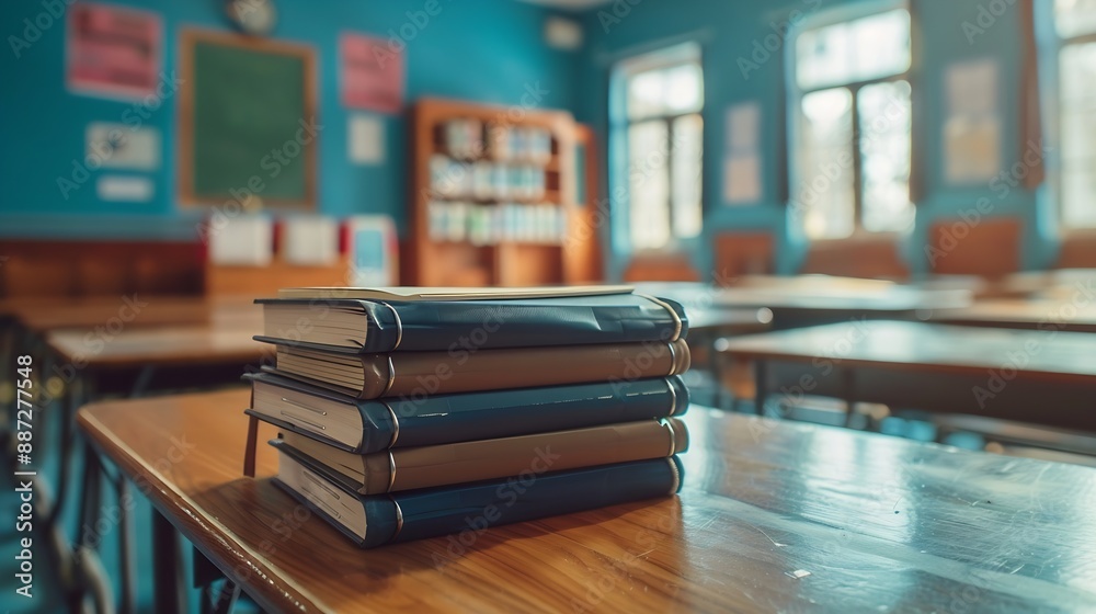 Aufkleber Stack of notebooks on wooden desk in empty classroom : Generative AI