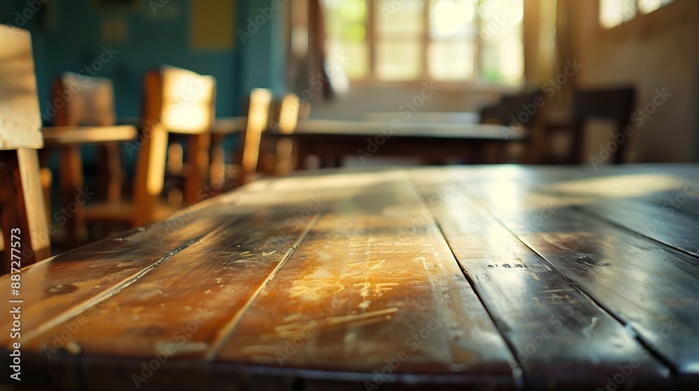 Poster look out from the table blur image of empty classroom as background : generative ai