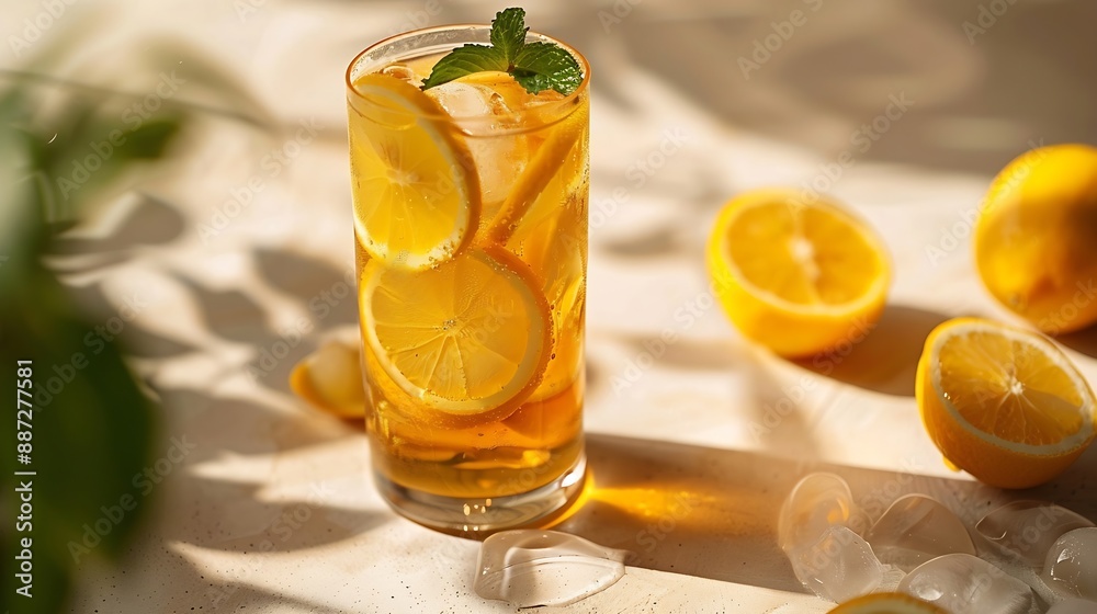 Poster Iced drink with lemon mint in a glass on a on a light background with shadow and citrus fruits The concept of a cold tea or lemonade on a hot summer day Front view : Generative AI